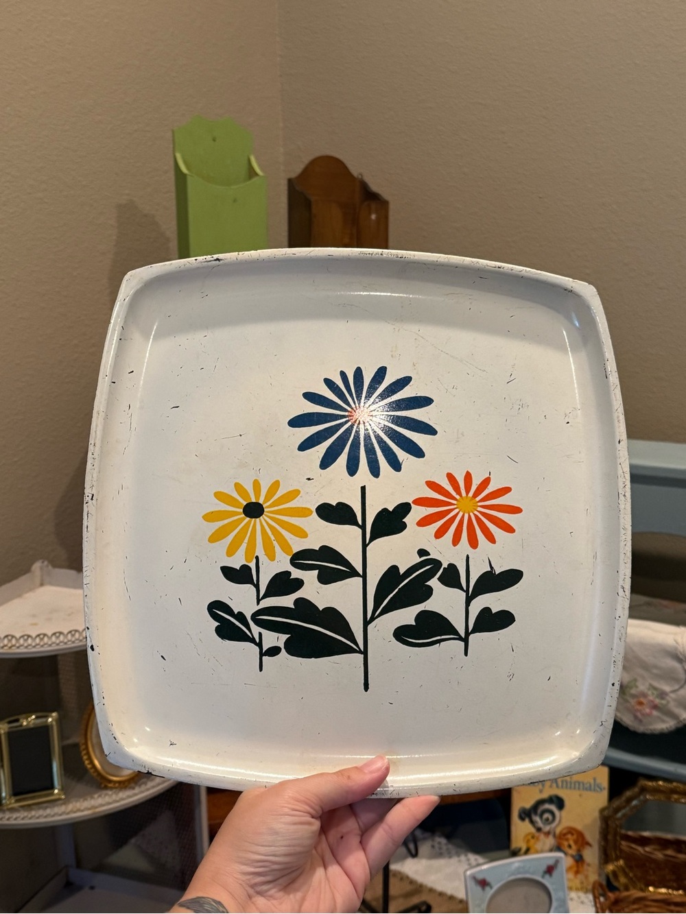 Vintage Floral Metal Tray - White with Blue, Yellow & Orange Flowers